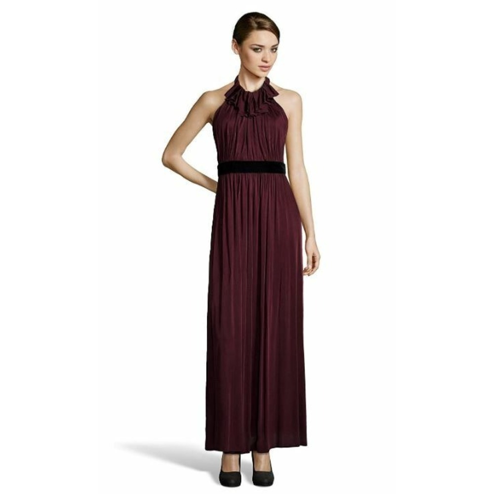 Jill Stuart 100% Rayon Halter Open Back Neck Ruffle Gown Dress 8 Bordeaux NWT